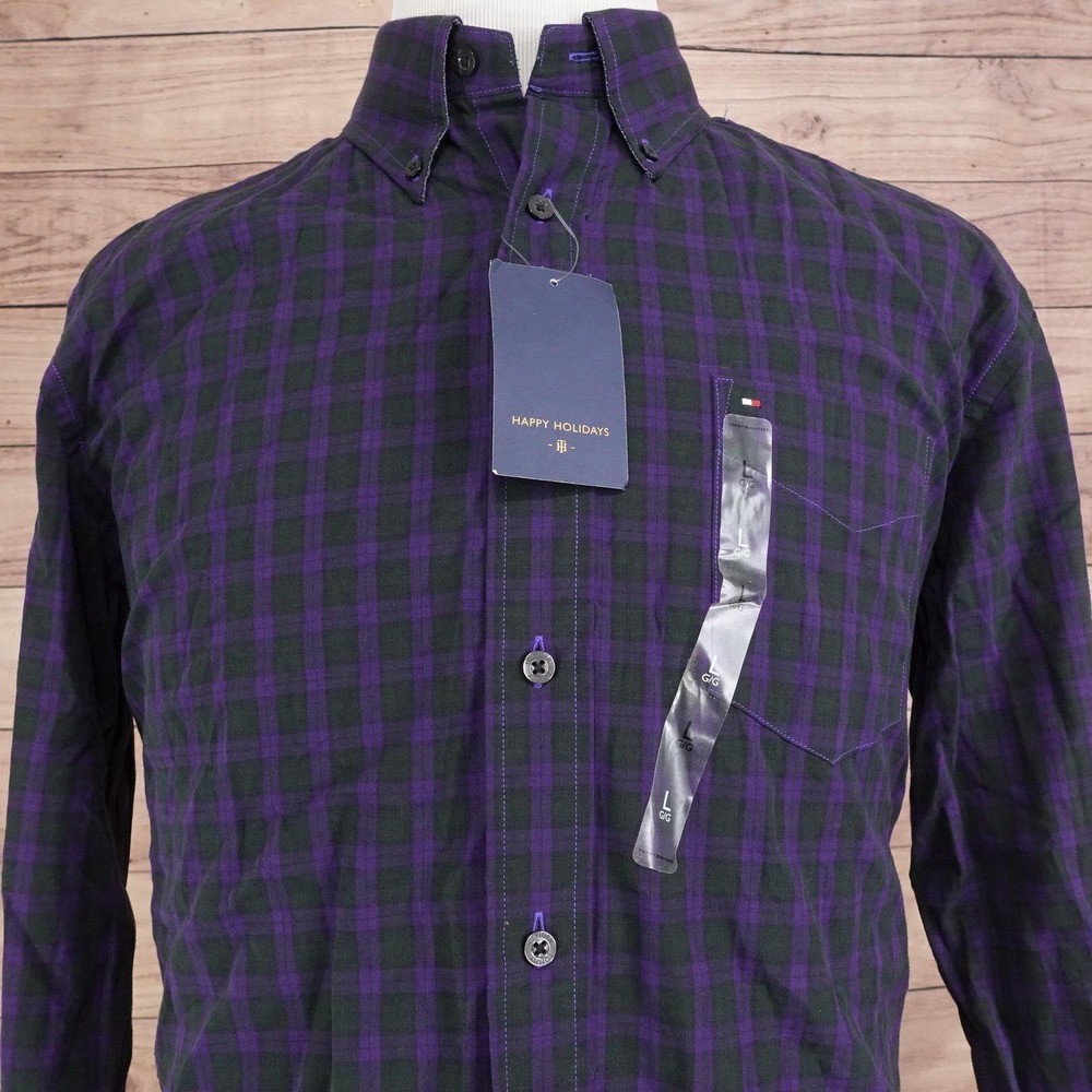 New! Tommy Hilfiger Shirt Mens L Purple Plaid L/S Button-Up Holiday Cotton